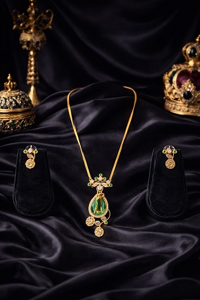 Traditional Sabhyata Inspired Royal Gold Chain Pendant Set with Matching Earrings