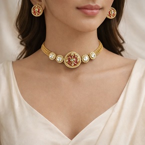 Exclusive Premium Brass MOP Polki Choker Set with Studs