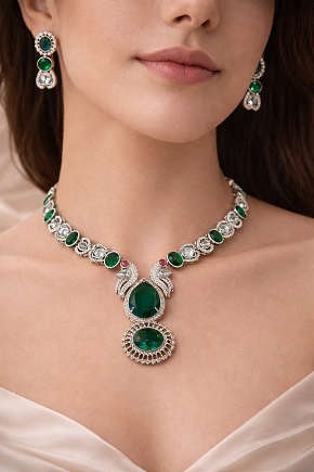 Royal Mehandi Polish Moissanite Emerald Necklace Set with Earrings