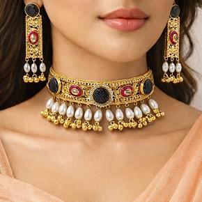 Luxury Look Brass Choker with Premium Pearls & Doublet Stone Earrings