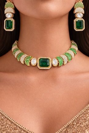 Premium Brass CZ Nano Stone Necklace with Elegant Stud Earrings | Angel’s Imitation Jewellery